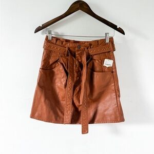 NWT Free People Brown Faux Leather Belted Mini Skirt